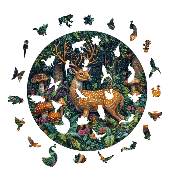 Colorful round jigsaw puzzle featuring a deer and various woodland creatures among mushrooms and foliage.