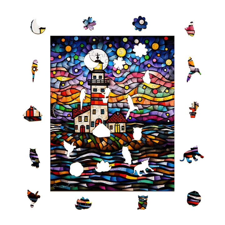 Colorful puzzle artwork of a lighthouse by artist Pietro Gallo, featuring abstract shapes and vibrant colors.