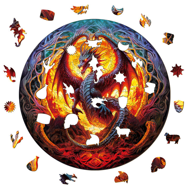 Fiery Dragon-2 Wooden Jigsaw Puzzle with colorful dragon design surrounded by puzzle pieces, ideal for mind games and focus.
