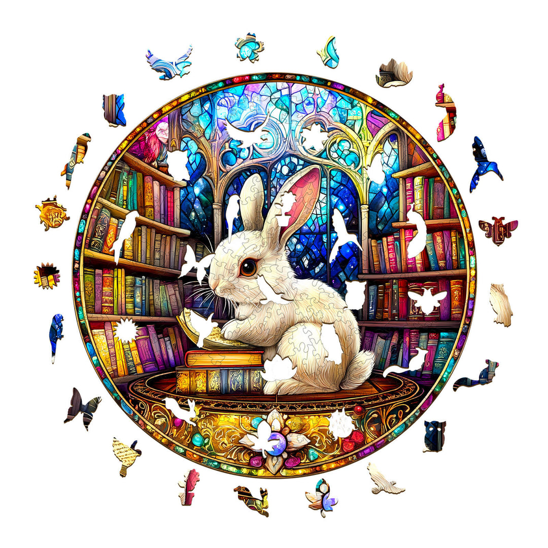 Colorful Library Rabbit wooden jigsaw puzzle featuring a rabbit surrounded by books and nature-inspired pieces.