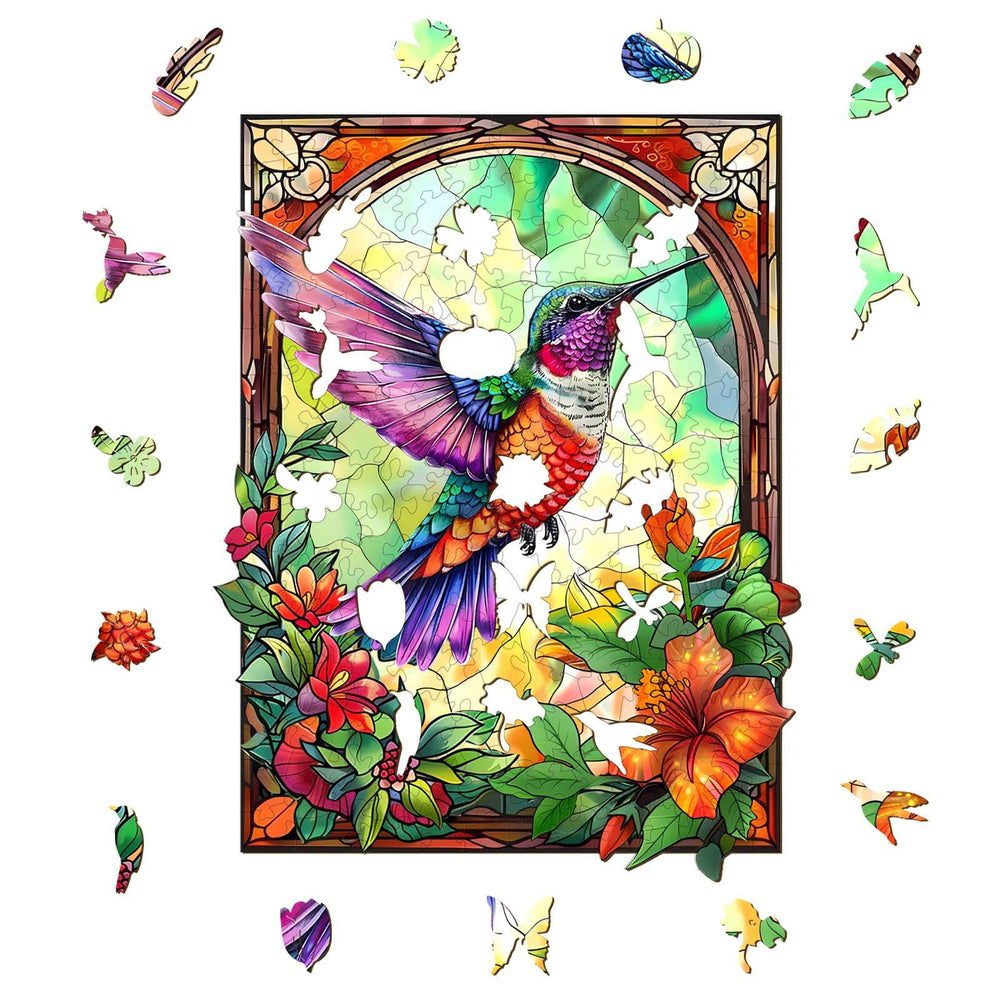 Colorful stained glass hummingbird jigsaw puzzle featuring floral designs and missing pieces for a fun mind game challenge.