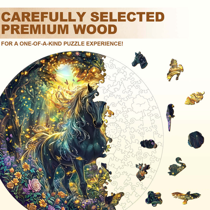 Forest Horse wooden jigsaw puzzle with vibrant colors and unique pieces, perfect for cognitive skill enhancement.