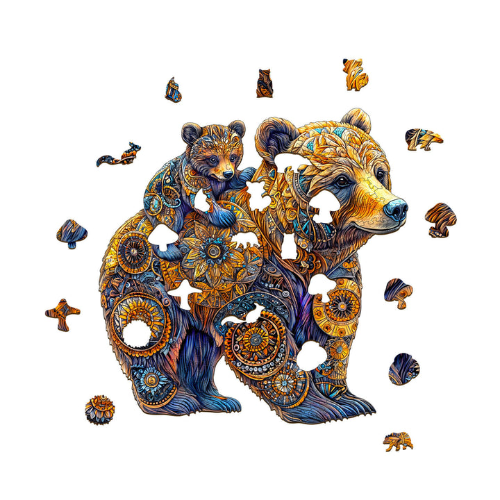 Colorful Mother Bear and cub wooden jigsaw puzzle pieces designed for mental focus and brain games.