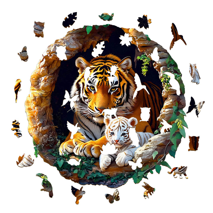 3D Tiger Family wooden jigsaw puzzle featuring a tender moment between a tiger and her cub surrounded by colorful puzzle pieces.
