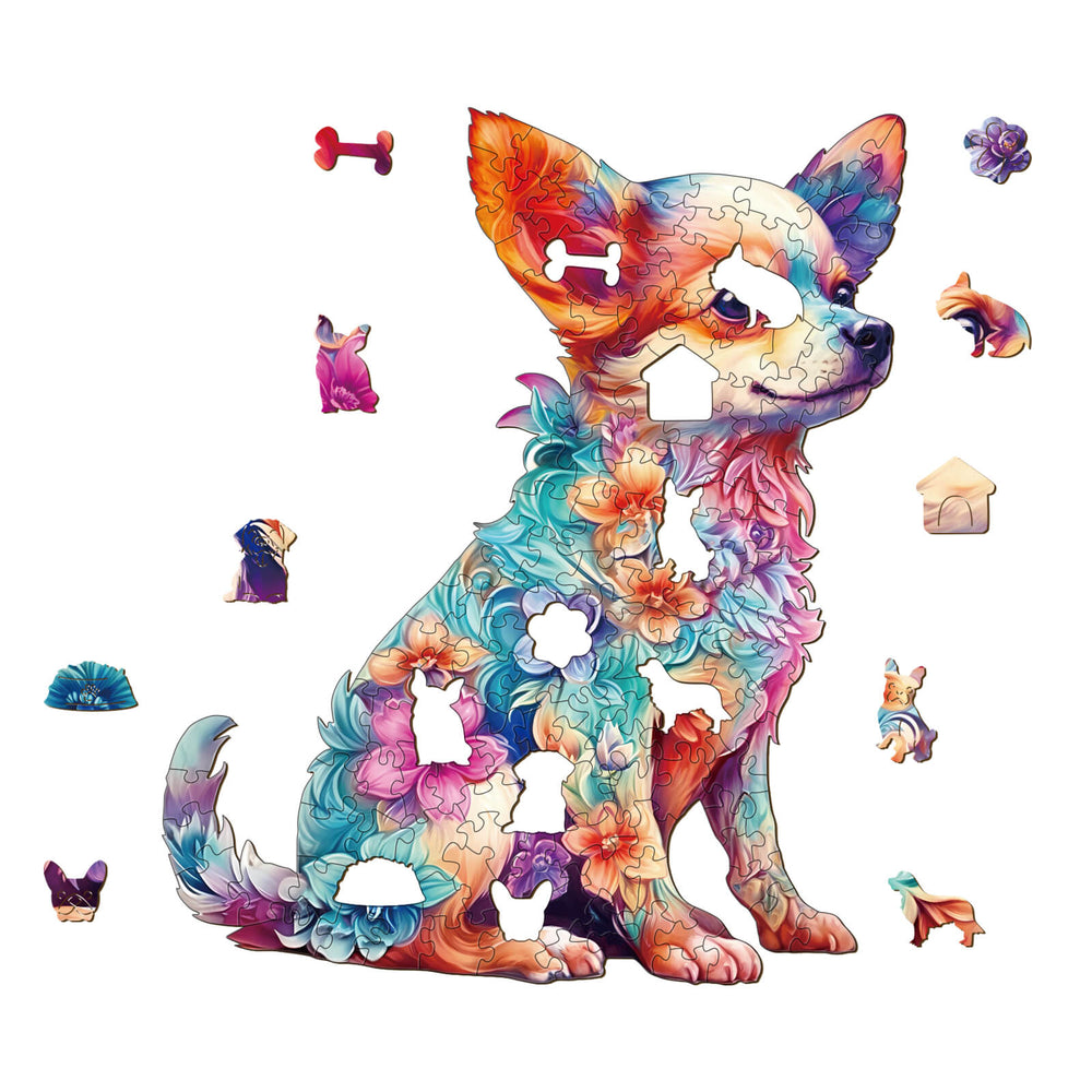 Cute Puppy Wooden Jigsaw Puzzle featuring a colorful chihuahua surrounded by puzzle pieces and playful elements.