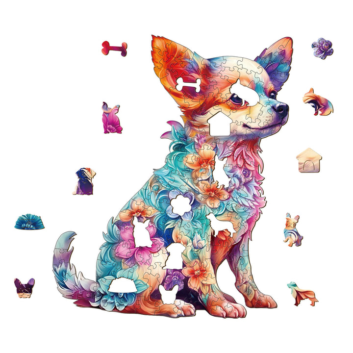 Cute Puppy Wooden Jigsaw Puzzle featuring a colorful chihuahua surrounded by puzzle pieces and playful elements.