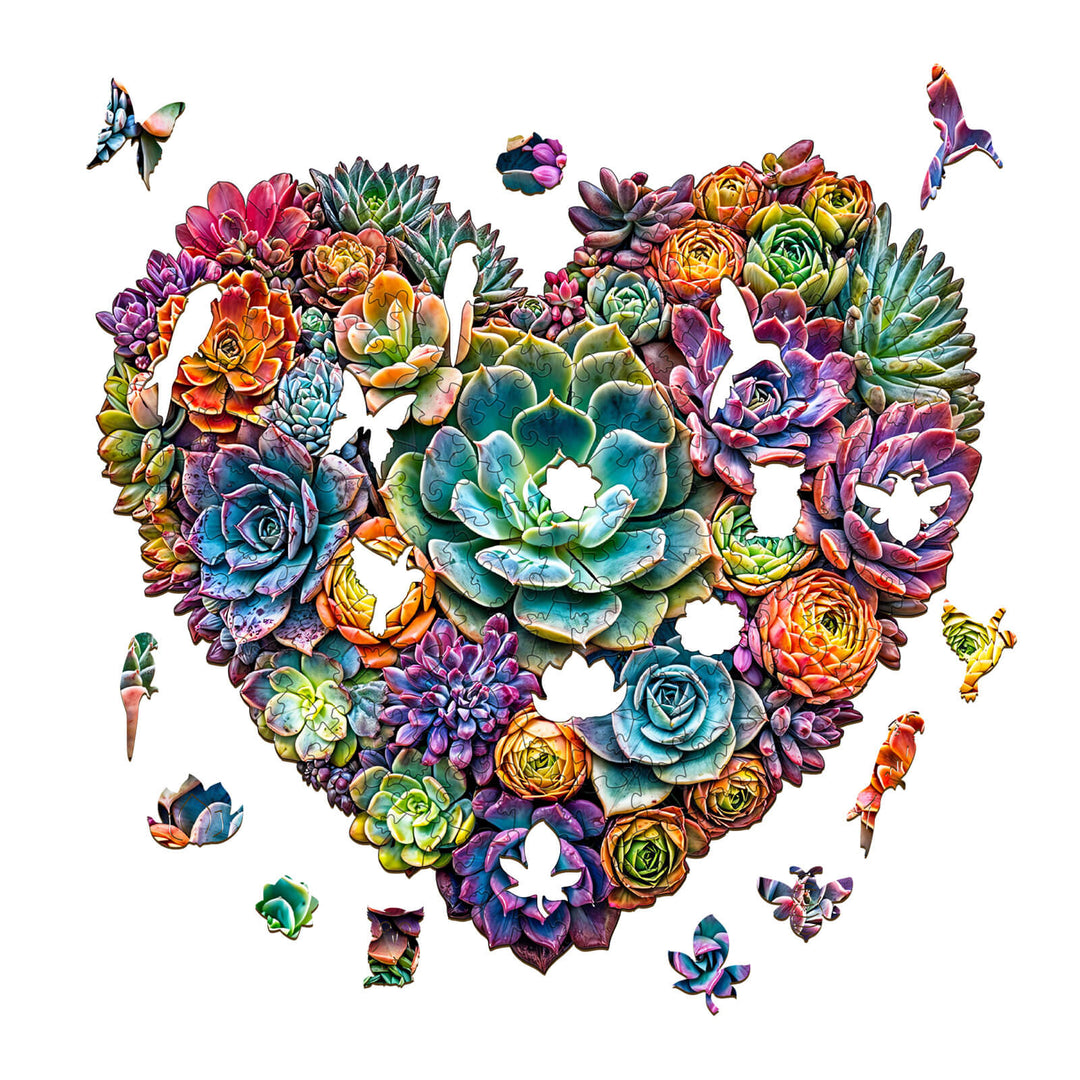 Colorful Heartfelt Succulents Wooden Jigsaw Puzzle, promoting focus and cognitive skills through fun puzzles.