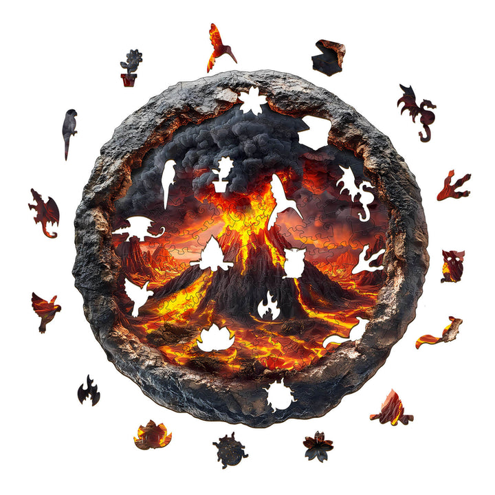 3D Volcanic Eruption Wooden Jigsaw Puzzle with fiery volcano scene and unique cut-out pieces, great for brain development.