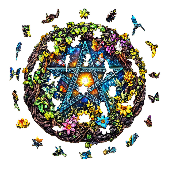 Natural Starburst Wooden Jigsaw Puzzle featuring colorful butterflies and flowers with a star design.
