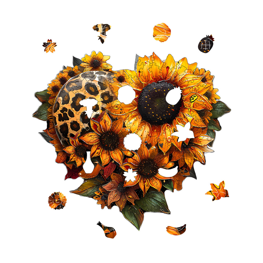 Heart-shaped sunflower wooden jigsaw puzzle pieces scattered, vibrant colors and intricate design for mind games.