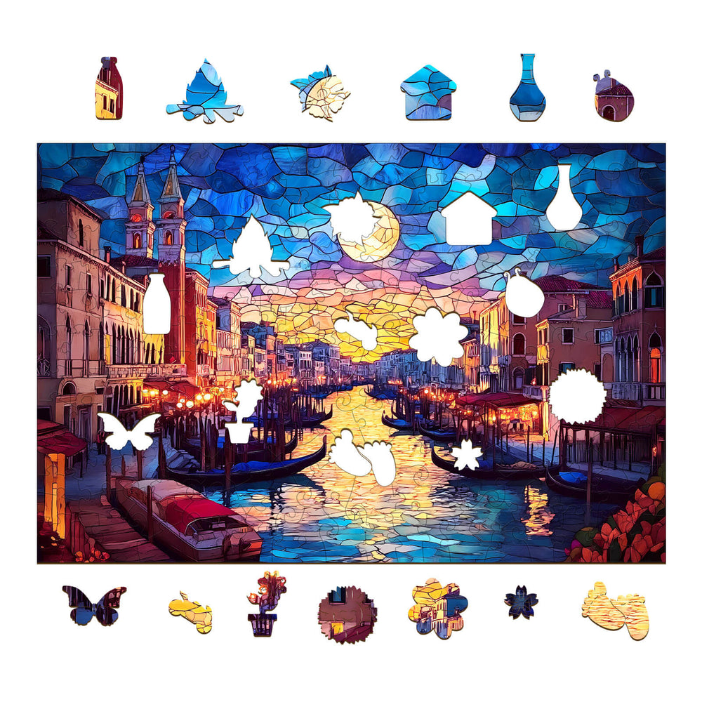 Stained Glass Starry Night wooden jigsaw puzzle with colorful pieces and a picturesque canal scene.