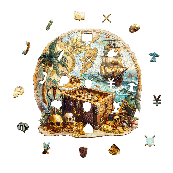 Golden Voyage Wooden Jigsaw Puzzle with treasure chest, gold coins, and pirate ship, perfect for puzzle lovers and brain games.