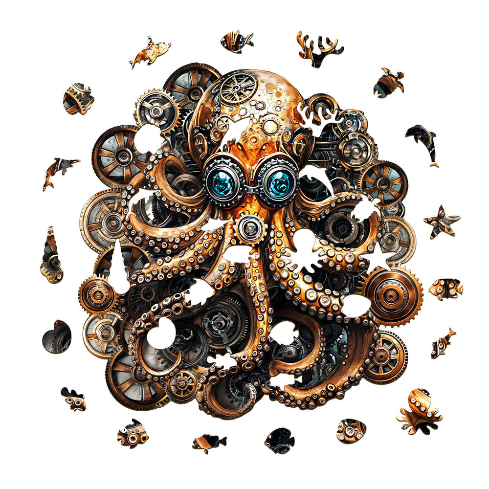 Steampunk Doctor Octopus wooden jigsaw puzzle with intricate gears and underwater creatures, designed for brain training.