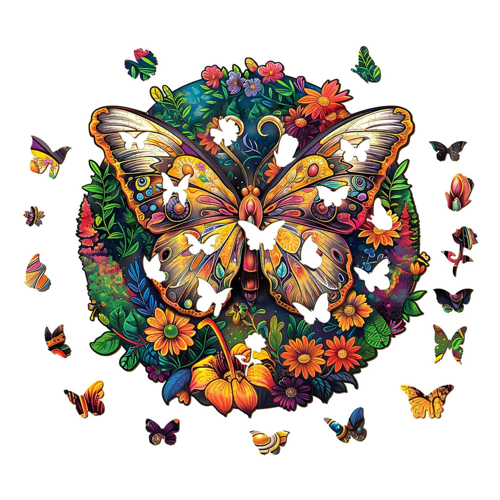 Ancient Butterfly-2 wooden jigsaw puzzle featuring a colorful butterfly design with floral elements and scattered pieces.