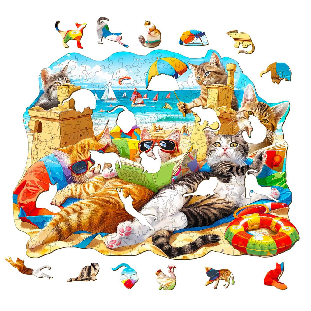 Colorful Beach Cat wooden jigsaw puzzle featuring playful cats at the beach with sandcastles and summer decor.