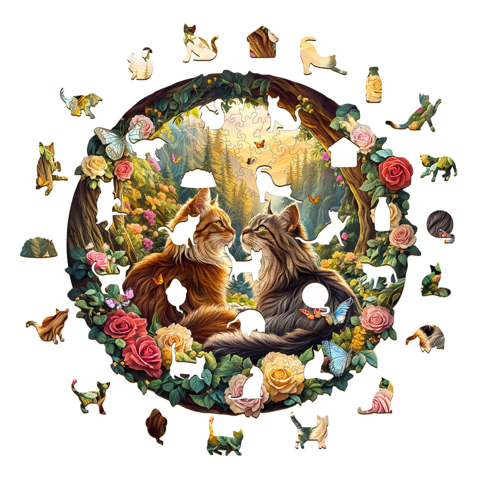 Cats in Love-1 wooden jigsaw puzzle featuring two cats in a floral landscape, perfect for enhancing focus and cognitive skills.