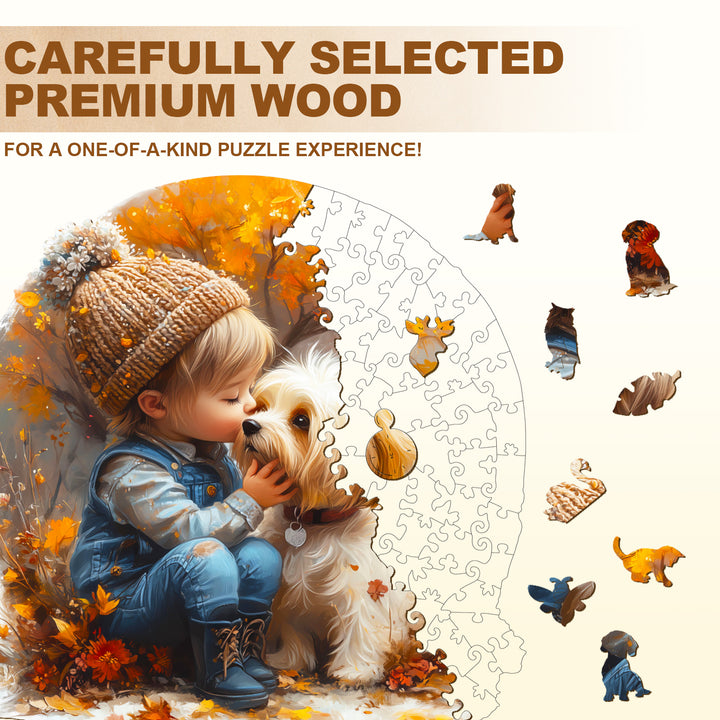 Child kissing a dog with a whimsical wooden jigsaw puzzle showcasing various animals and autumn leaves.