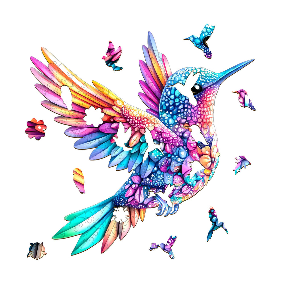 Vibrant Jewel hummingbird wooden jigsaw puzzle featuring colorful pieces for brain-boosting fun and focus.