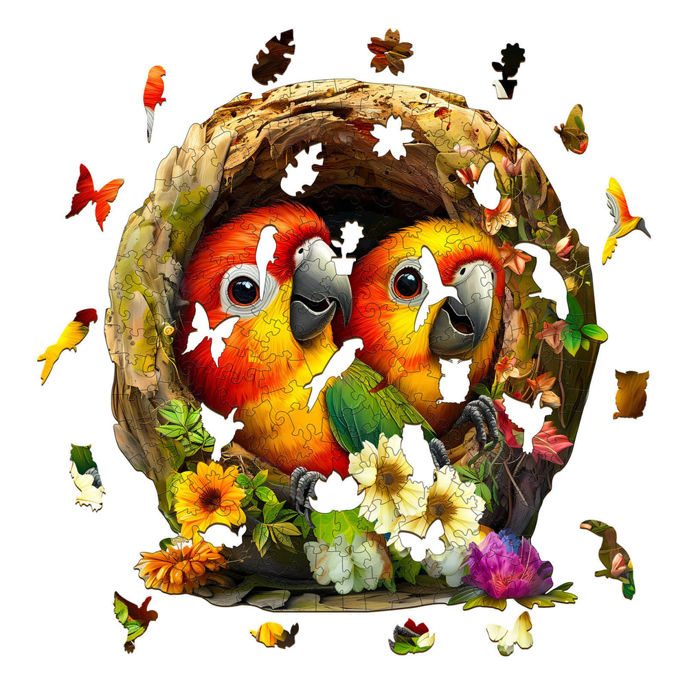Naughty Parrot-1 wooden jigsaw puzzle featuring two vibrant parrots and surrounding colorful floral pieces.