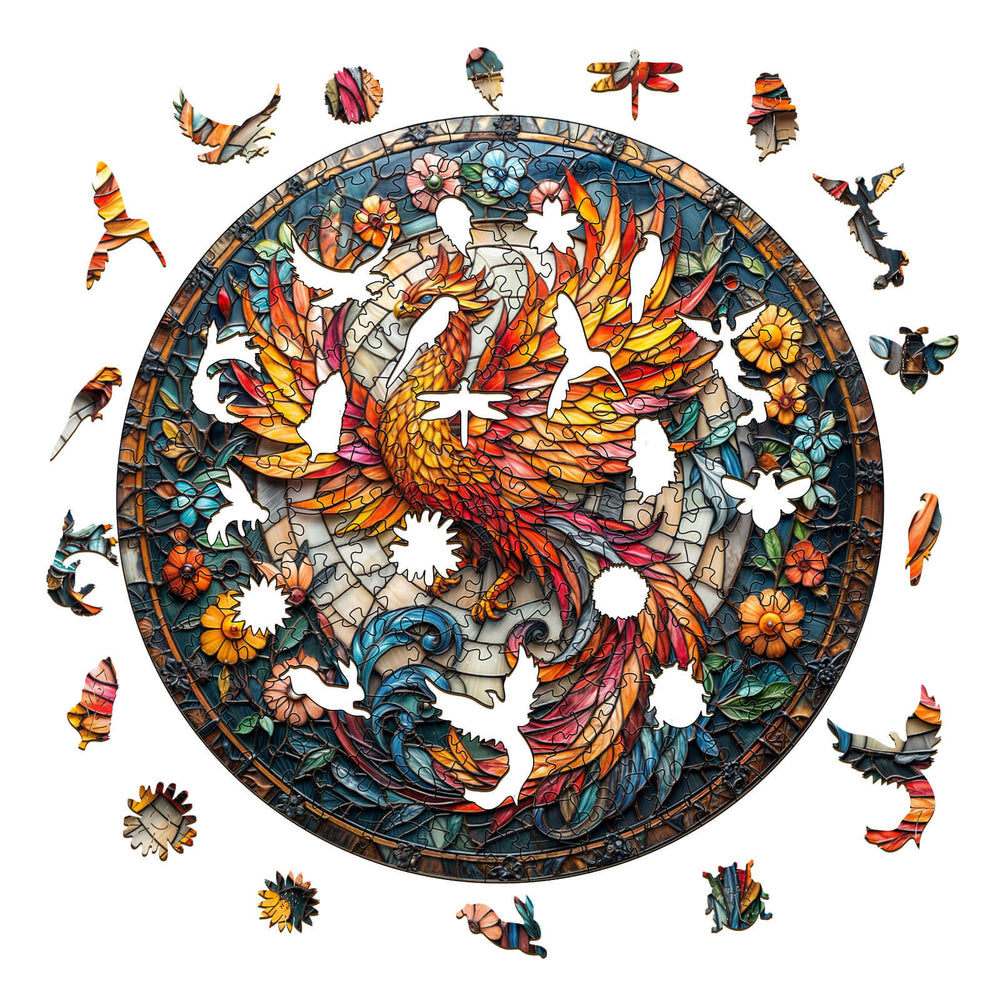 Colorful Stained Glass Phoenix-1 wooden jigsaw puzzle pieces on a white background, promoting focus and cognitive skills.
