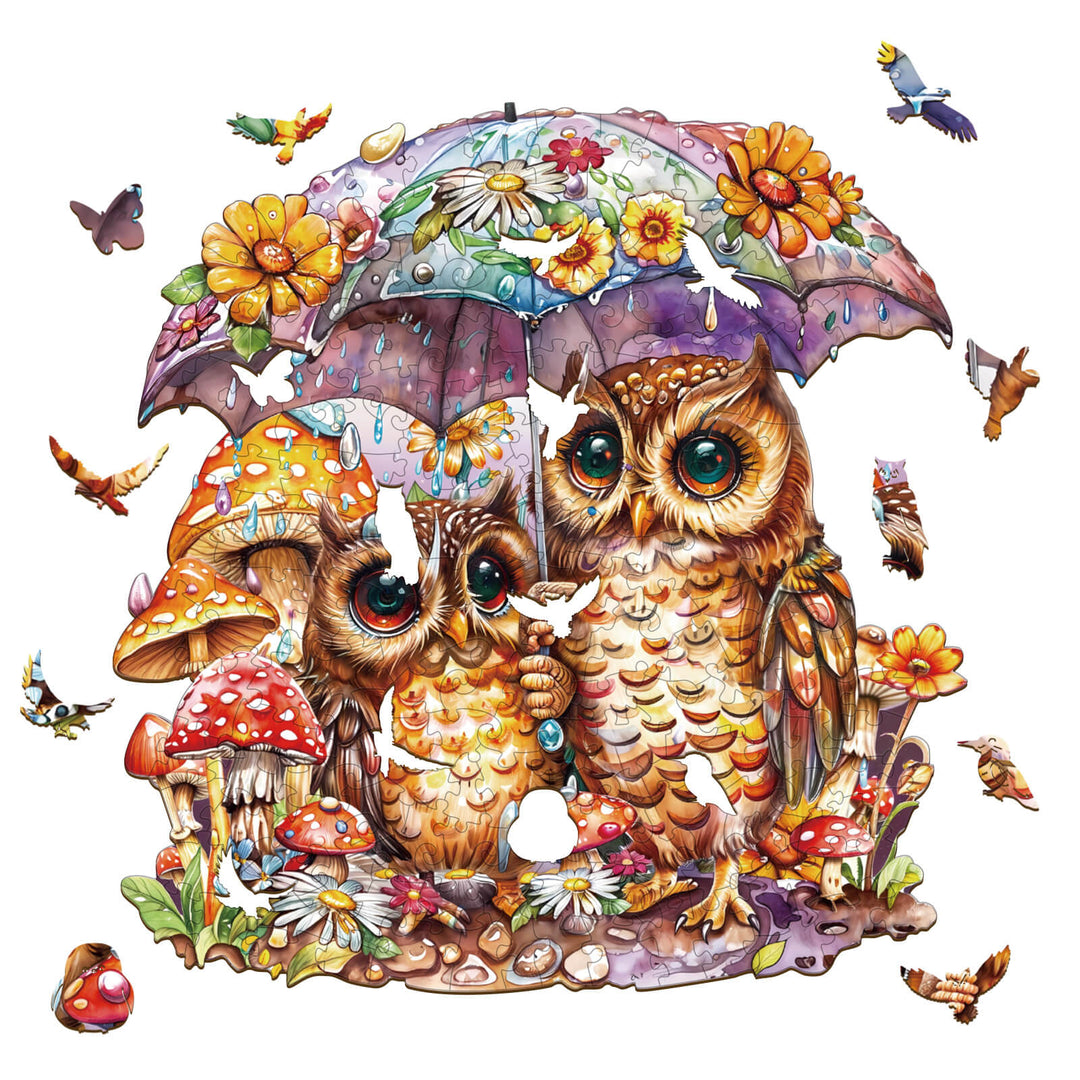 Colorful Umbrella Owls wooden jigsaw puzzle, featuring vibrant flowers, mushrooms, and butterflies for brain training fun.