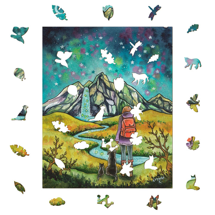 Mountains and stars illustration by Kathryn Fedora, showcasing nature and adventure with animals and a vibrant sky.