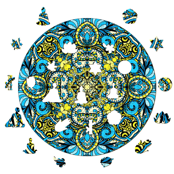 Doodle art 'Forget Me Not' by Lori Anne McKague featuring intricate blue and yellow patterns in a circular design.