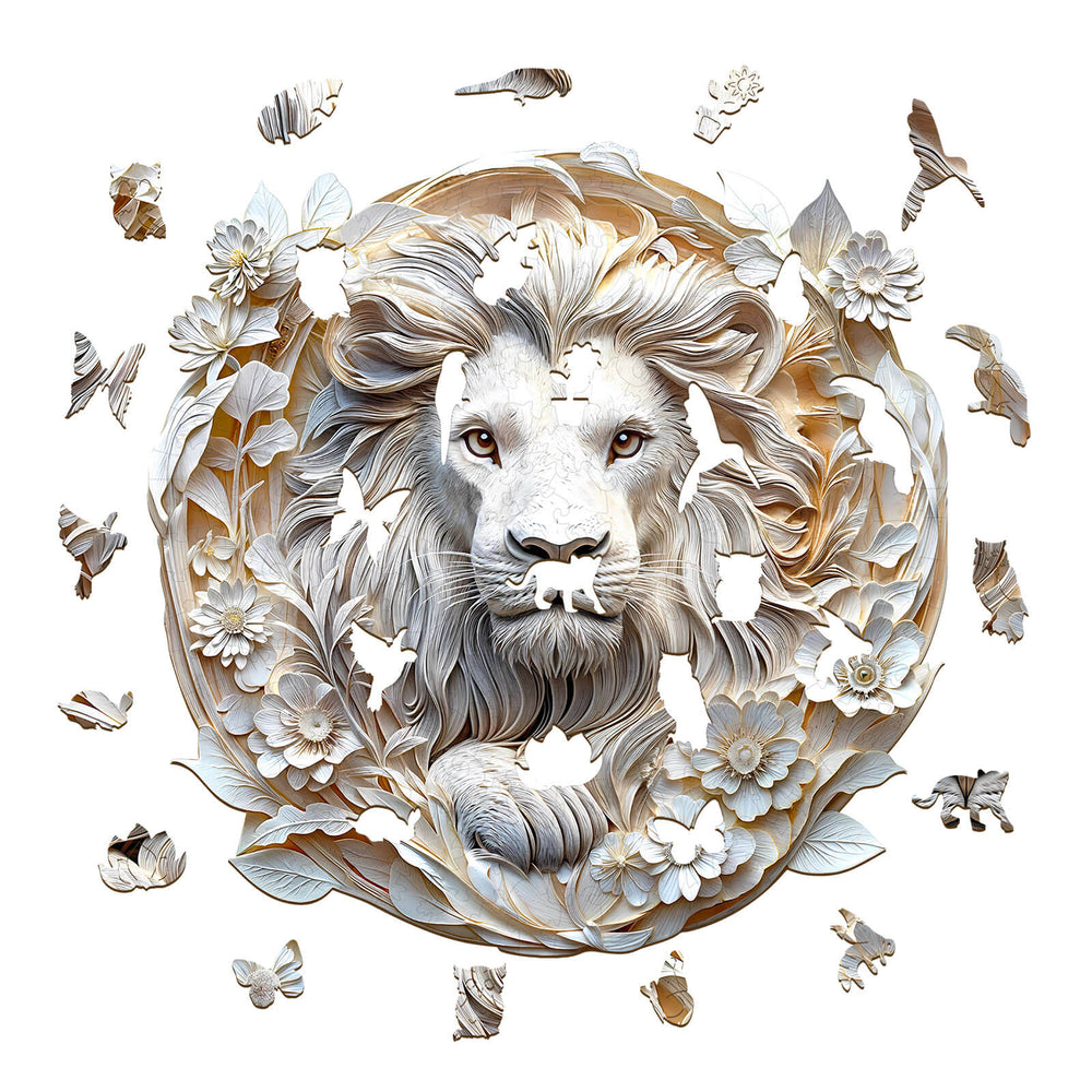 3D wooden lion puzzle featuring intricate geometric designs and floral elements, perfect for home décor and puzzle enthusiasts.