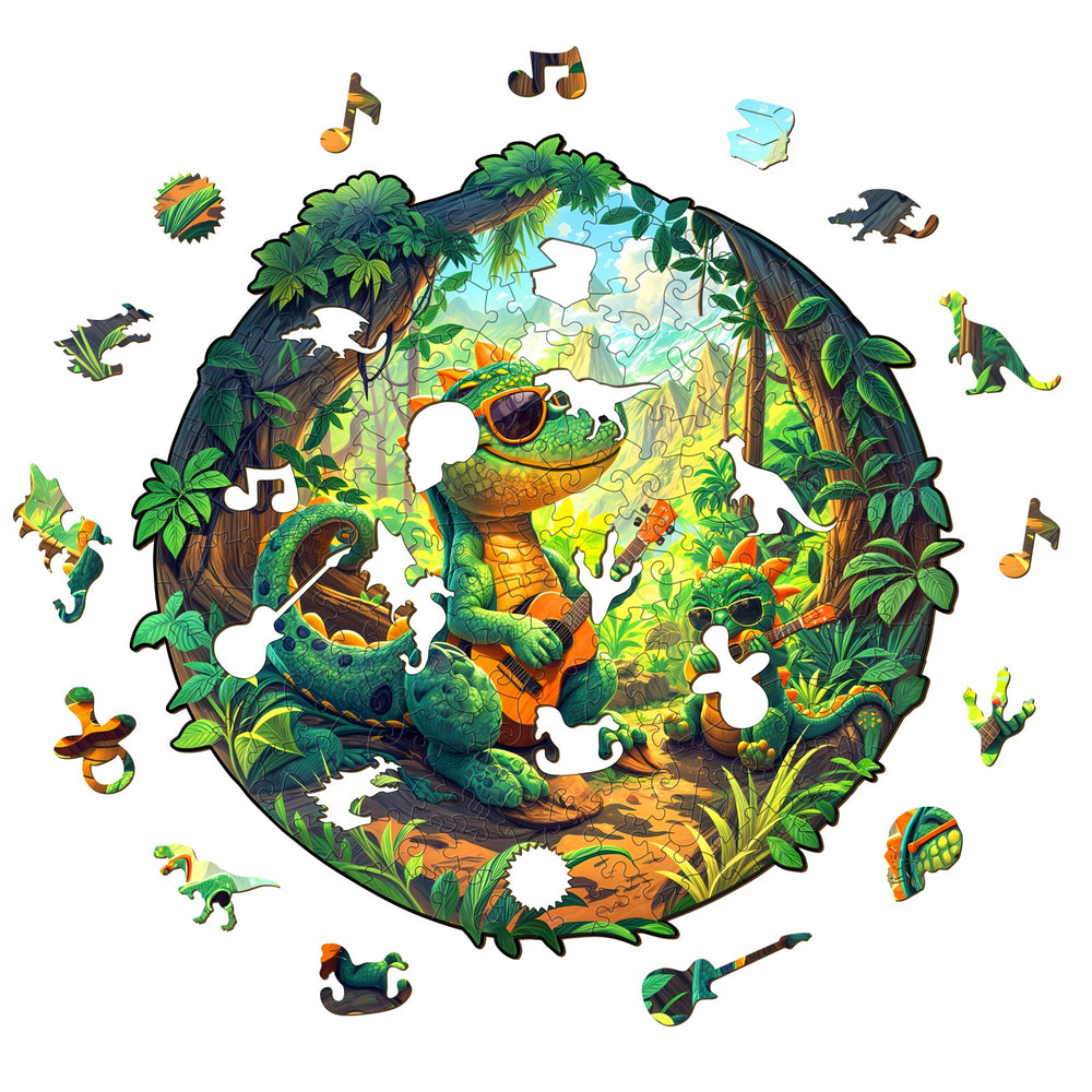 Colorful Rock Dinosaur-1 wooden jigsaw puzzle featuring a playful dinosaur in a vibrant jungle setting.