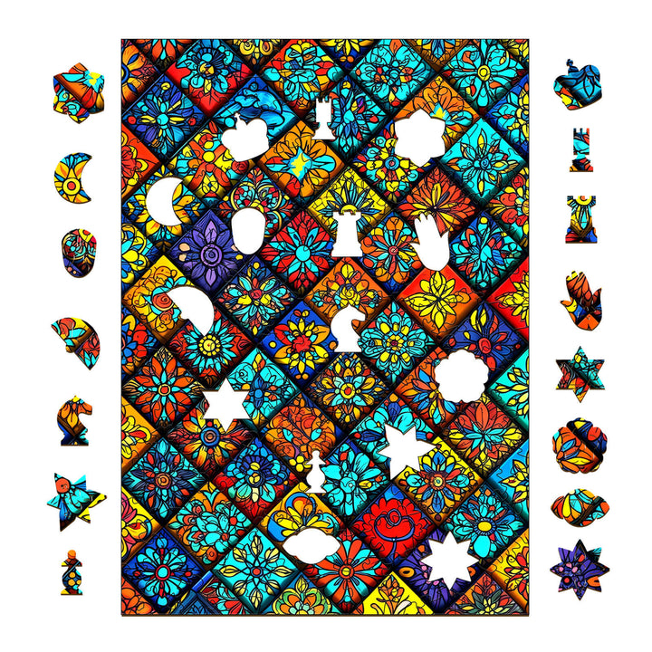 Colorful Mandala Kaleidoscope-1 wooden jigsaw puzzle pieces featuring vibrant floral designs.