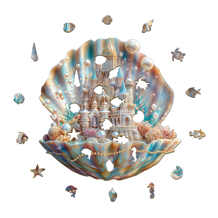 Pearlspire Citadel-1 wooden jigsaw puzzle featuring a castle surrounded by ocean elements and vibrant colors.