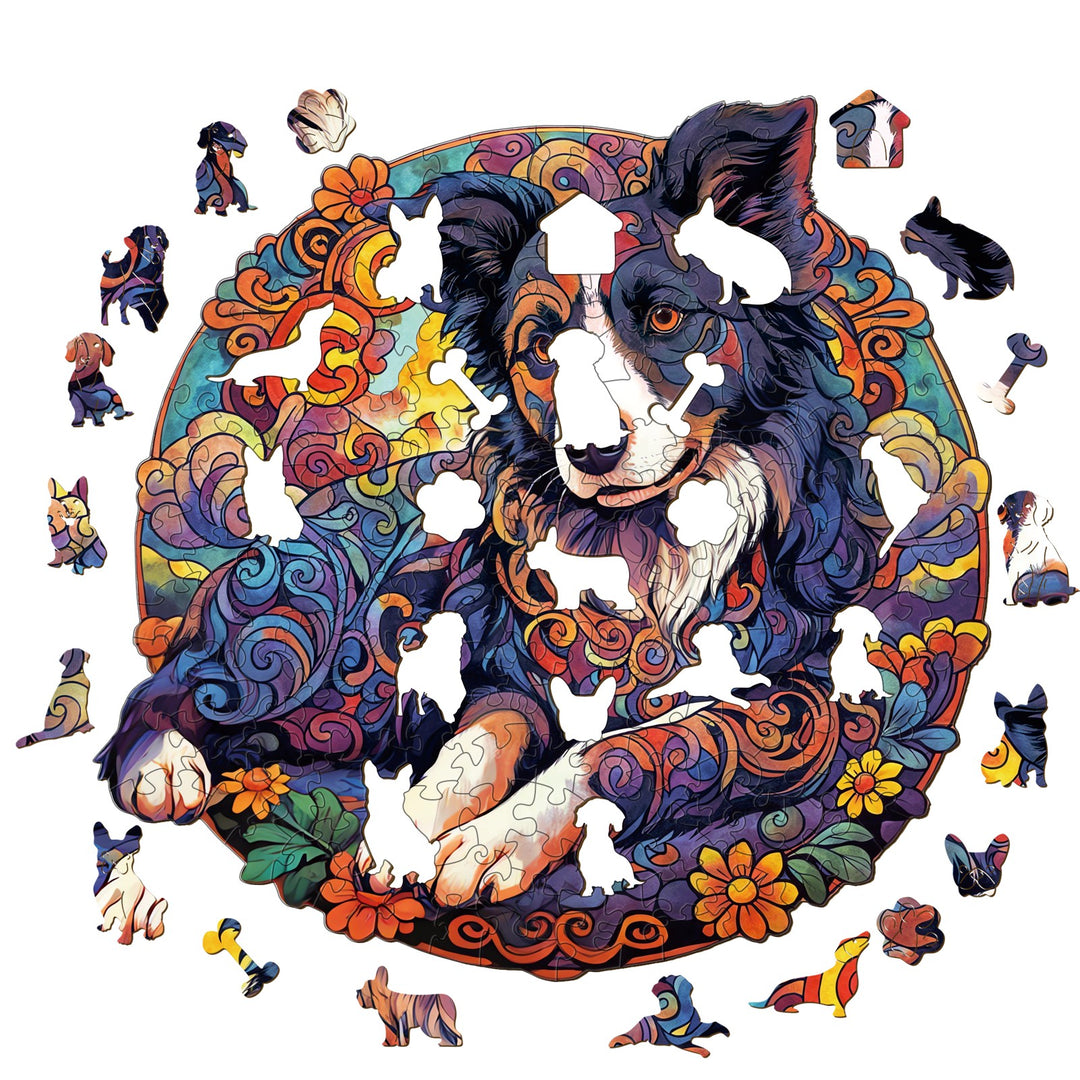 Mandala Border Collie Wooden Jigsaw Puzzle