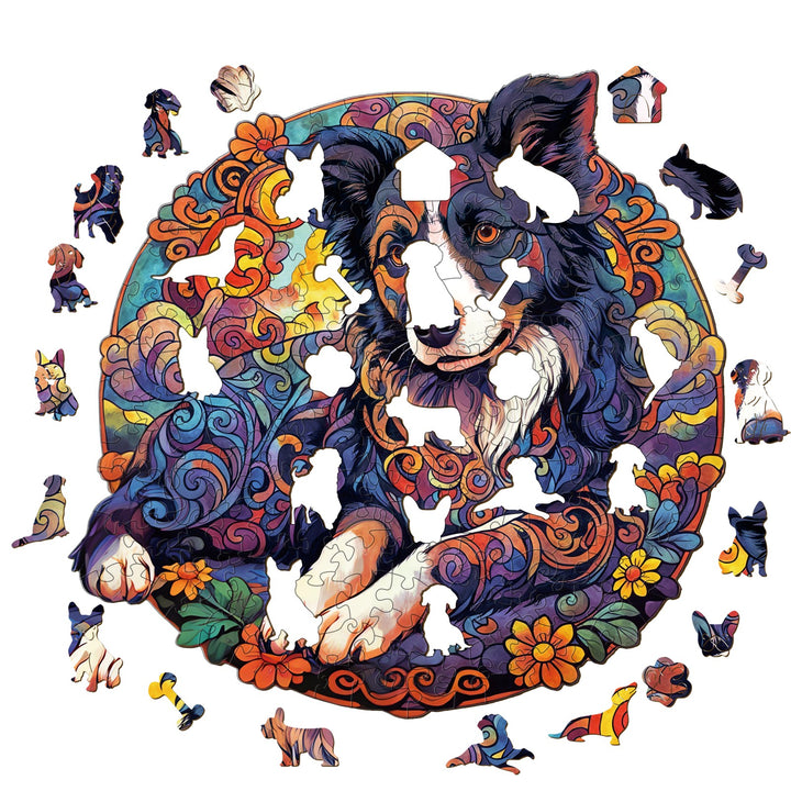 Mandala Border Collie Wooden Jigsaw Puzzle