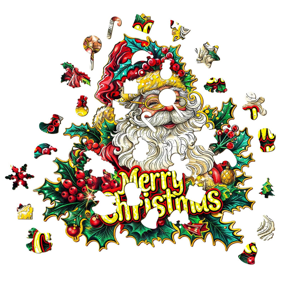 Merry Christmas-2 wooden jigsaw puzzle pieces featuring Santa and festive decorations, designed for fun mind games.