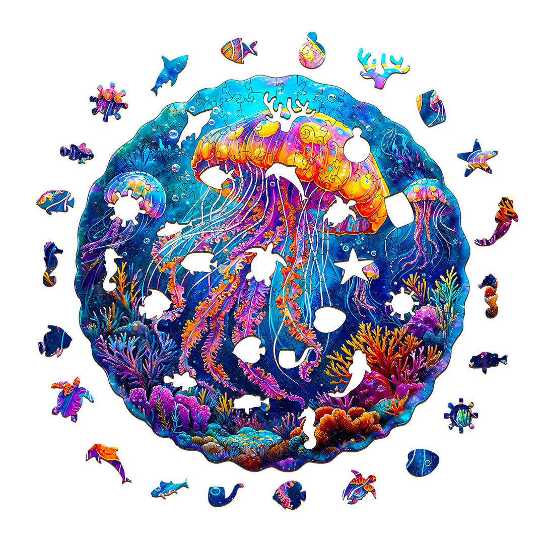 Multicolor jellyfish  Wooden Jigsaw Puzzle