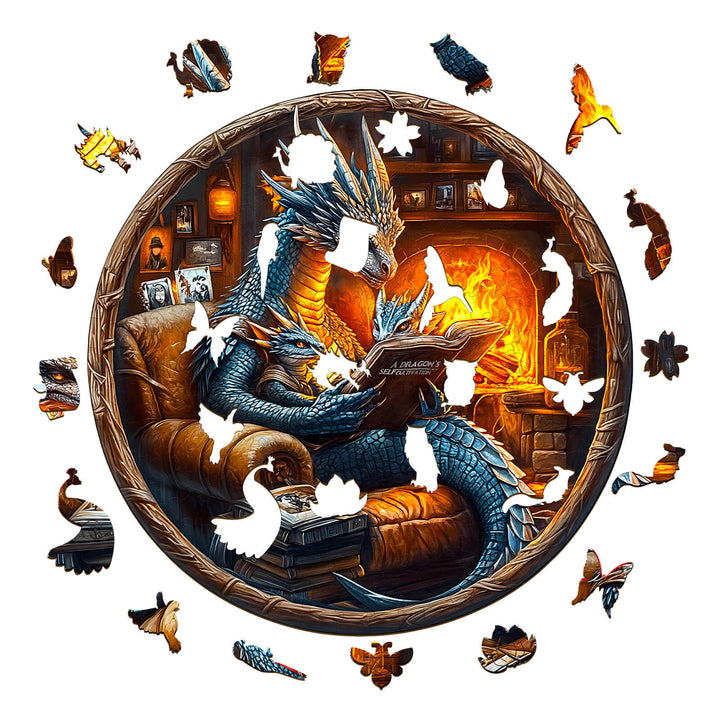 Wooden jigsaw puzzle featuring a dragon reading by the fireplace, enhancing focus and providing mind engagement.