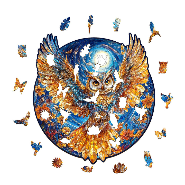 Colorful Golden Owl jigsaw puzzle with missing pieces, designed for enhancing focus and mind skills.