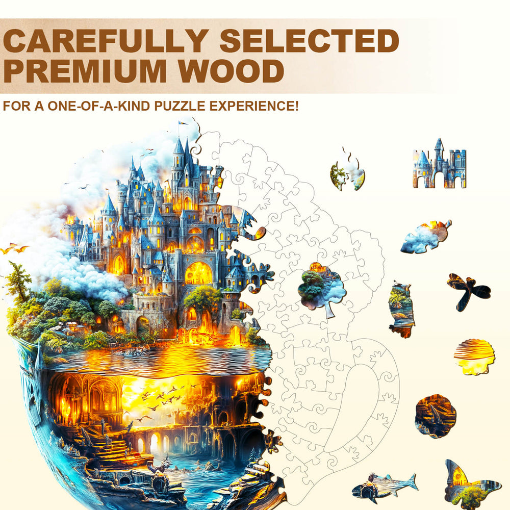 Magic cup-1 Wooden Jigsaw Puzzle showcasing premium wood pieces and a vibrant castle design for an engaging puzzle experience.