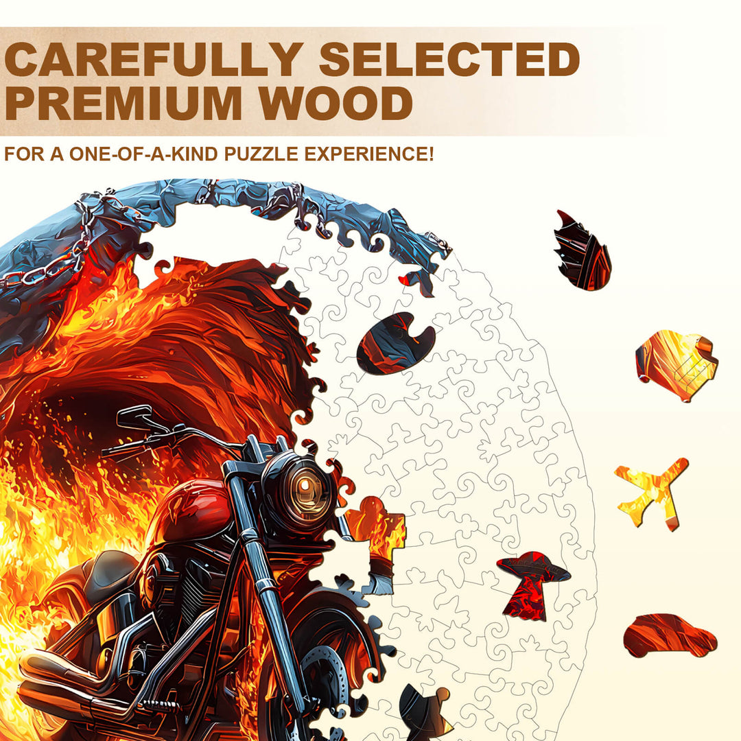 Fiery Escape Wooden Jigsaw Puzzle featuring a motorcycle and flames, crafted from premium wood for a unique experience.