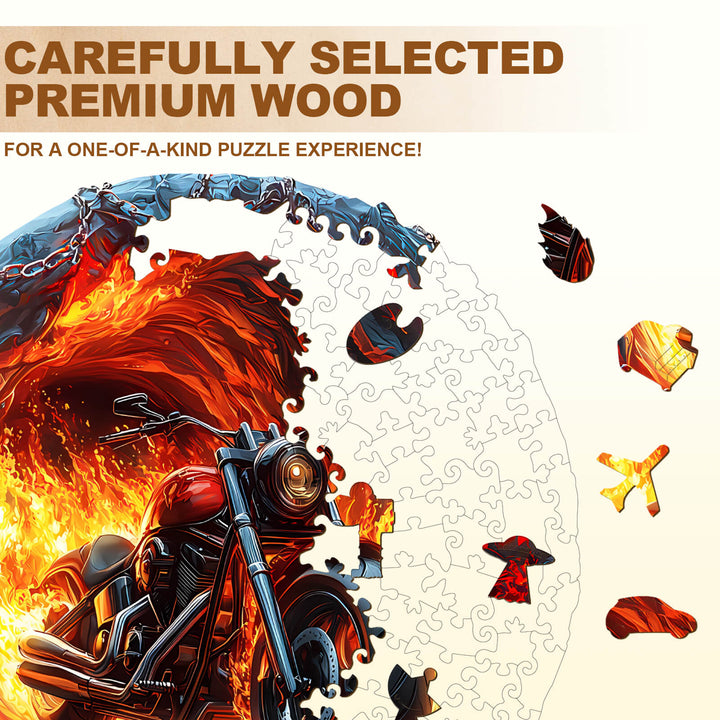Fiery Escape Wooden Jigsaw Puzzle featuring a motorcycle and flames, crafted from premium wood for a unique experience.