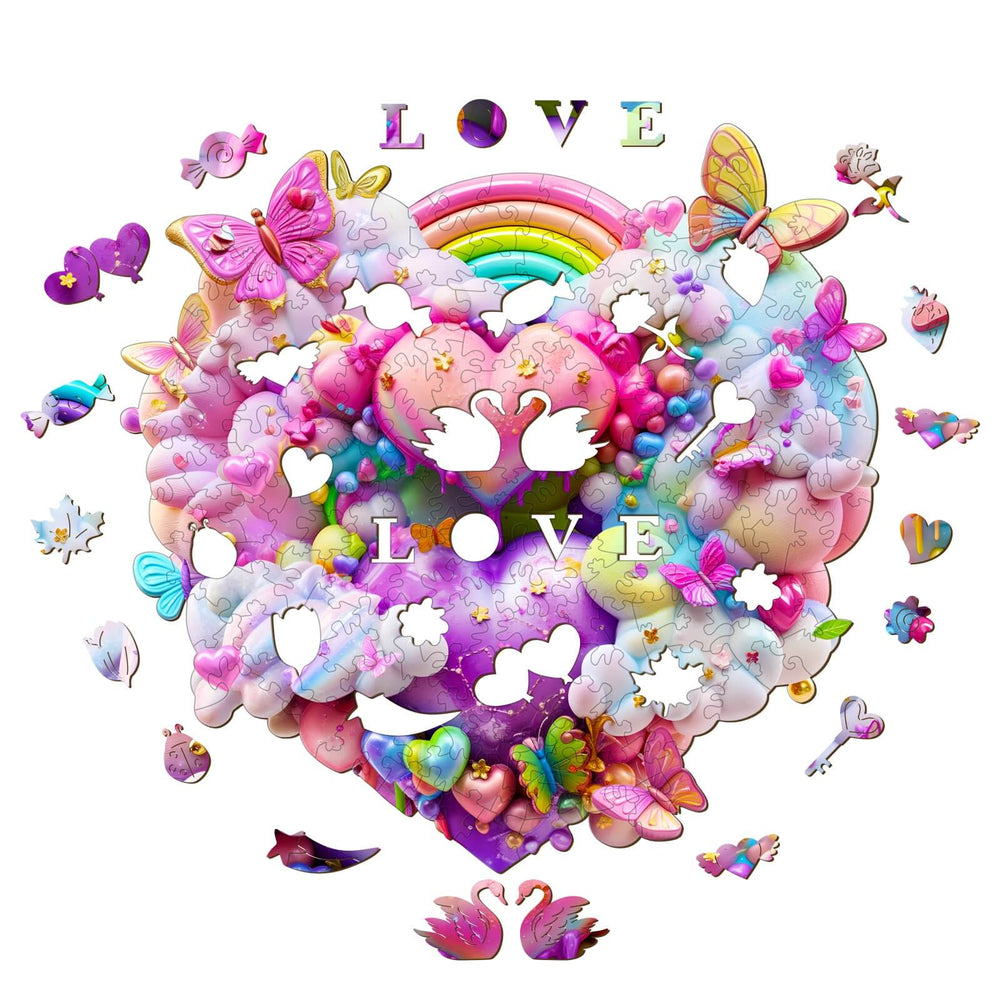 Colorful wooden jigsaw puzzle featuring a heart shape, butterflies, and a rainbow with the word 'LOVE' in vibrant hues.