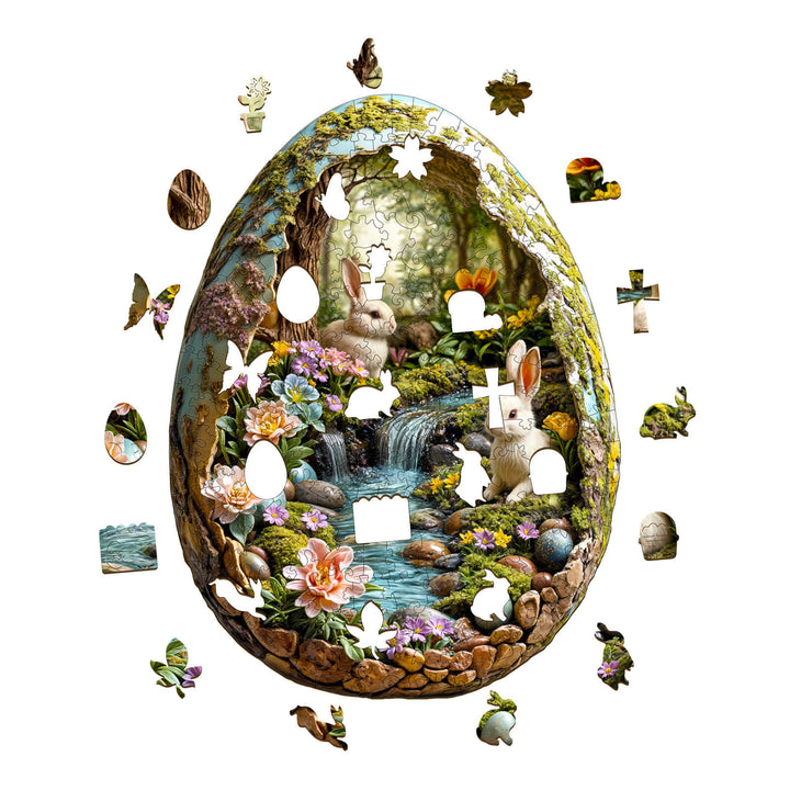 3D Wonderland Easter wooden jigsaw puzzle featuring rabbits and a serene woodland scene with colorful flowers.