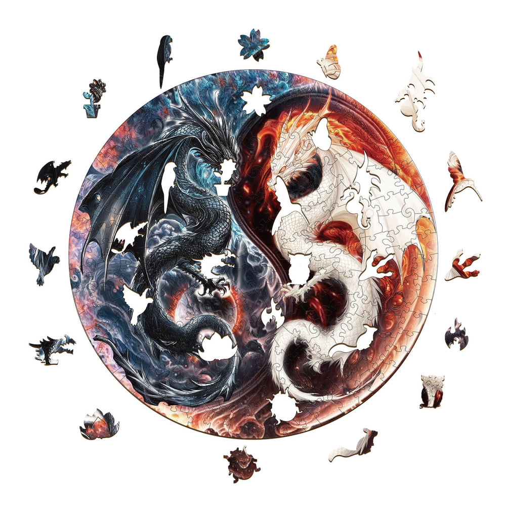 Yin Yang Dragon Wooden Jigsaw Puzzle featuring black and white dragons among colorful puzzle pieces.