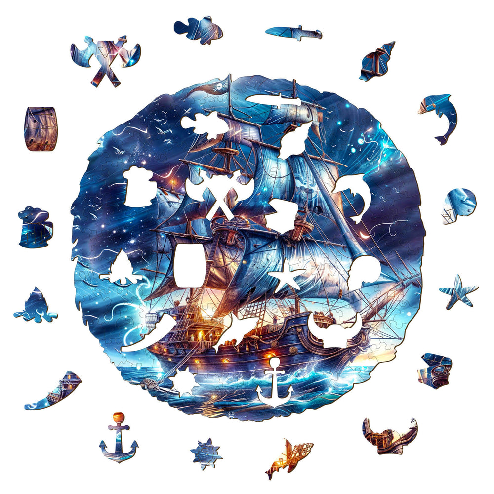 Blue Voyage Wooden Jigsaw Puzzle pieces featuring a ship and ocean theme, ideal for puzzle lovers and mind game enthusiasts.