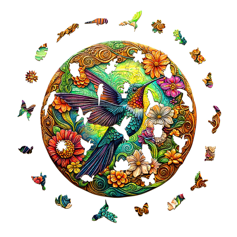 Colorful vintage hummingbird wooden jigsaw puzzle with floral design and missing pieces, promoting focus and brain engagement.