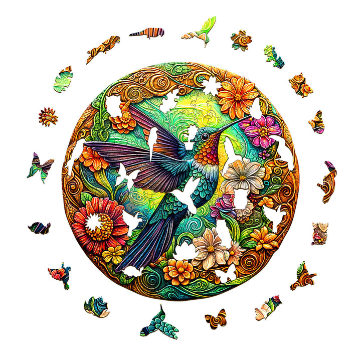Colorful vintage hummingbird wooden jigsaw puzzle with floral design and missing pieces, promoting focus and brain engagement.