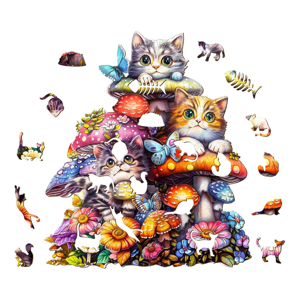 Colorful Cat Family-2 wooden jigsaw puzzle featuring playful kittens among mushrooms and flowers, enhancing focus and fun.