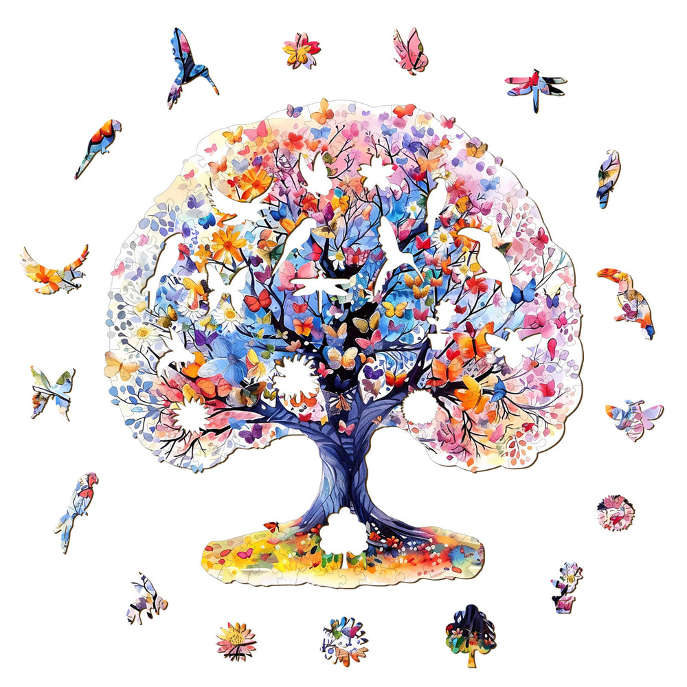 Colorful Life Tree wooden jigsaw puzzle pieces showcasing intricate floral and bird designs for mind games.