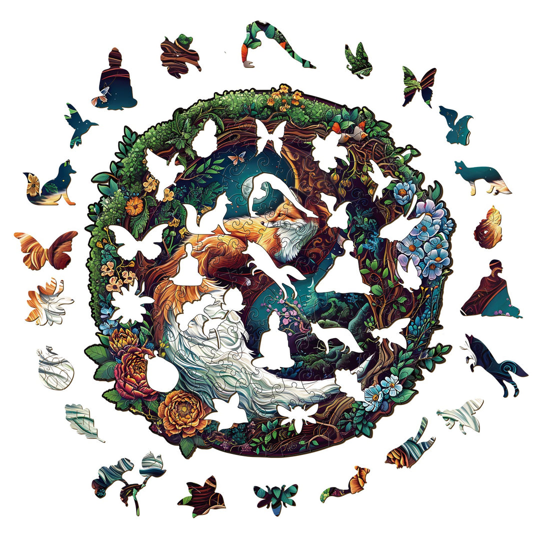 Yin Yang Fox-2 wooden jigsaw puzzle featuring intricate art of animals and nature, ideal for mind games and focus.