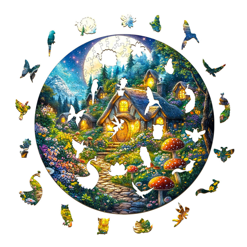 Colorful SEEK AND FIND FAIRIES wooden jigsaw puzzle featuring a whimsical cottage scene with birds and flowers.
